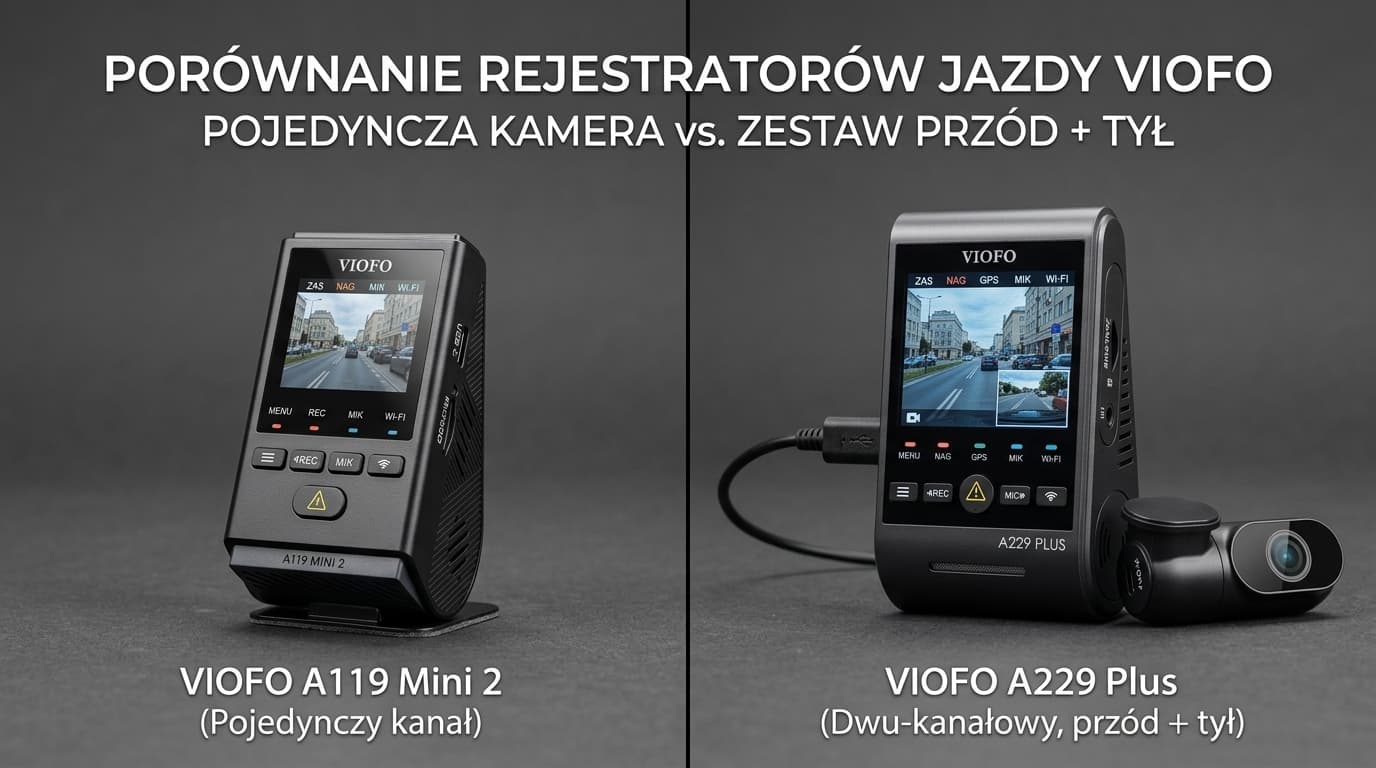 Porównanie rejestratorów jazdy Viofo A119 Mini 2 i Viofo A229 Plus — pojedyncza kamera vs zestaw przód+tył