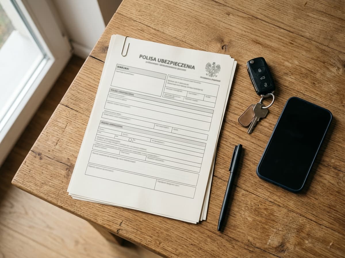 Dokumenty ubezpieczeniowe OC leżące na biurku obok kluczyków do samochodu i smartfona