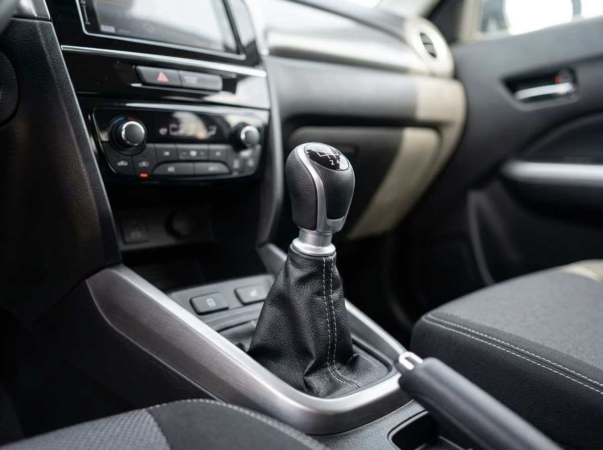 Gałka manualnej skrzyni biegów Suzuki Vitara – czarna skórzana osłona lewarka na tle wnętrza auta