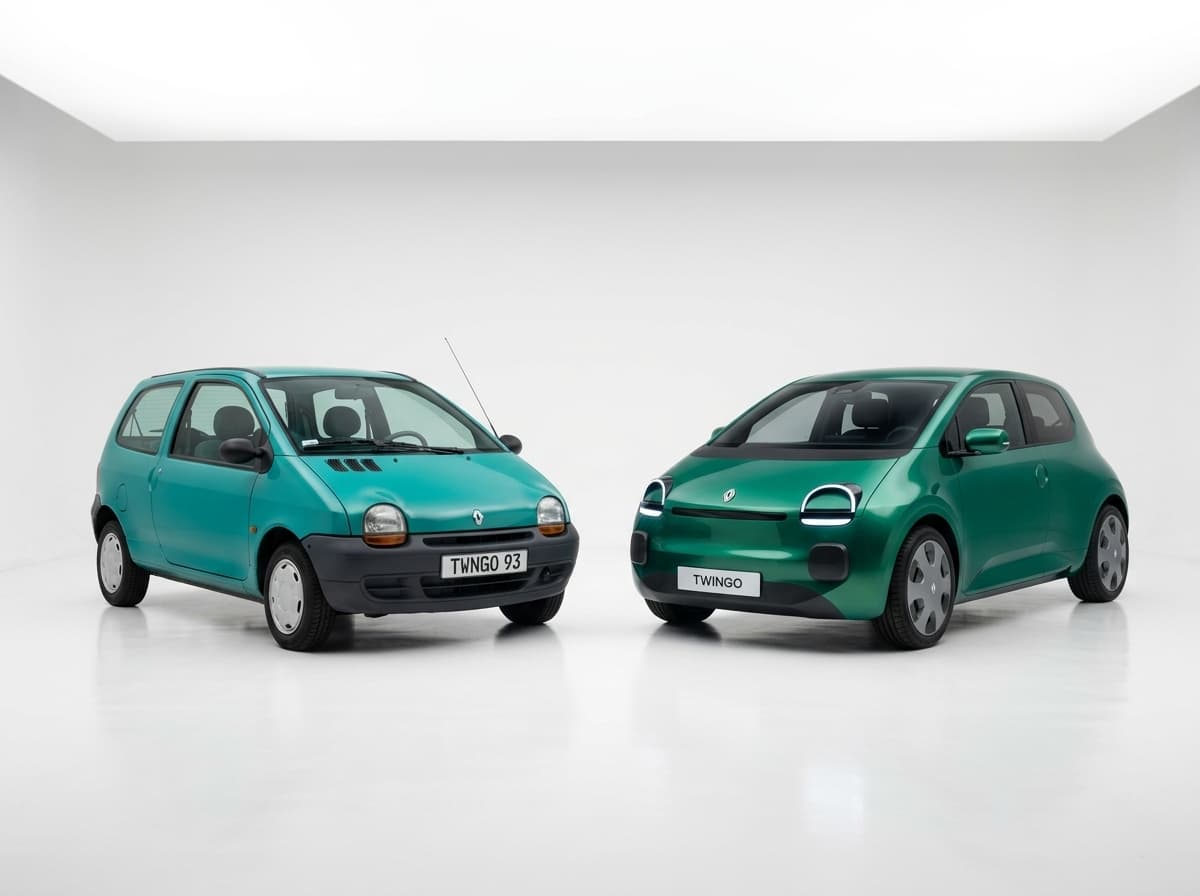 Pierwsza generacja Renault Twingo z 1993 roku obok nowego elektrycznego Twingo E-Tech electric